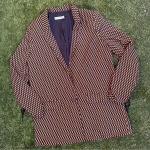 MNG Mango Geometric Print Single Button Satin Long Line Quarter Sleeve Blazer M